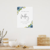 Dusty Blue Yellow Botanical Weddenschap Welcome Poster (Keuken)