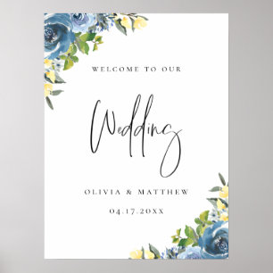 Dusty Blue Yellow Botanical Weddenschap Welcome Poster