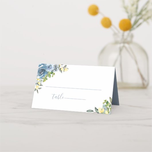 Dusty Blue Yellow Botanical Wedding Plaatskaartje (Voorkant)