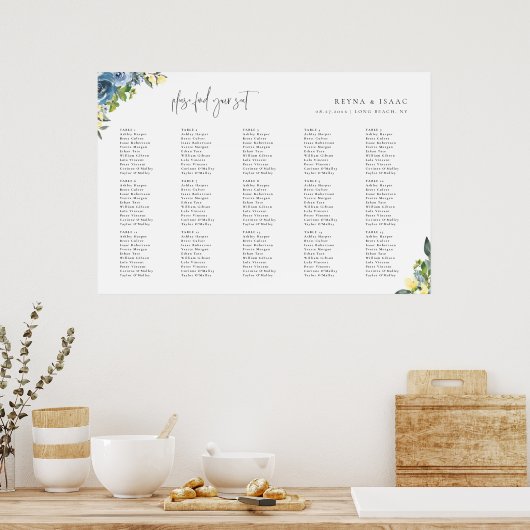 Dusty Blue Yellow Botanical Wedding Seating Chart Poster (Keuken)