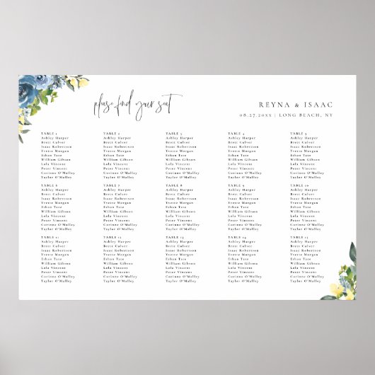Dusty Blue Yellow Botanical Wedding Seating Chart Poster (Voorkant)