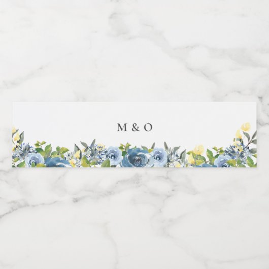 Dusty Blue Yellow Botanical Wedding Waterfles Etiket (Enkel label)