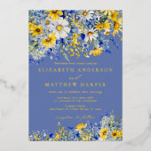 Dusty Blue Yellow Daisy Wildflowers Boho Wedding Folie Uitnodiging (Voorkant)