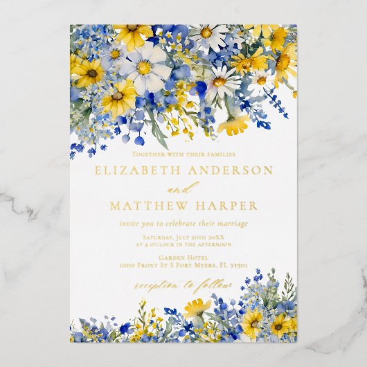 Dusty Blue Yellow Daisy Wildflowers Boho Wedding Folie Uitnodiging (Voorkant)