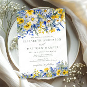 Dusty Blue Yellow Daisy Wildflowers Boho Wedding Kaart
