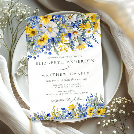 Dusty Blue Yellow Daisy Wildflowers Boho Wedding Kaart