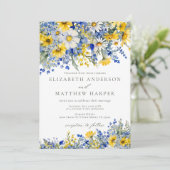 Dusty Blue Yellow Daisy Wildflowers Boho Wedding Kaart (Staand voorkant)