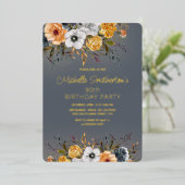 Dusty Blue Yellow Floral 90e verjaardag Folie Uitnodiging (Staand Voorkant)