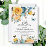 Dusty Blue Yellow Floral Butterflies 90th Birthday Kaart<br><div class="desc">Uitnodiging op het 90ste verjaardagsfeest met prachtige stoffige blauwe en gele florale en vlindervliegen. Neem contact met mij op voor hulp bij uw aanpassingen of om aanvullende Zazzle-producten aan te vragen of te coördineren voor uw viering.</div>