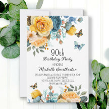 Dusty Blue Yellow Floral Butterflies 90th Birthday