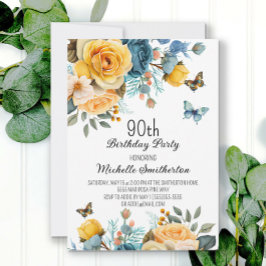 Dusty Blue Yellow Floral Butterflies 90th Birthday Kaart