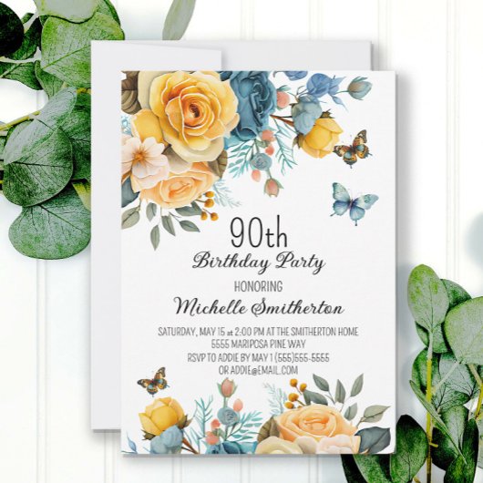 Dusty Blue Yellow Floral Butterflies 90th Birthday Kaart