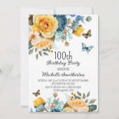 Dusty Blue Yellow Floral Butterflies Birthday Kaart (Voorkant)