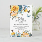 Dusty Blue Yellow Floral Butterflies Birthday Kaart (Staand voorkant)