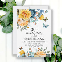 Dusty Blue Yellow Floral Butterflies Birthday