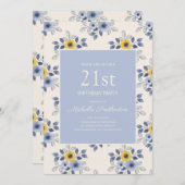 Dusty Blue Yellow Flowers White 21st Birthday Kaart (Voorkant / Achterkant)