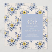 Dusty Blue Yellow Flowers White 30th Birthday Kaart (Voorkant / Achterkant)