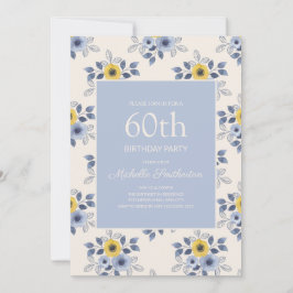 Dusty Blue Yellow Flowers White 60th Birthday Kaart