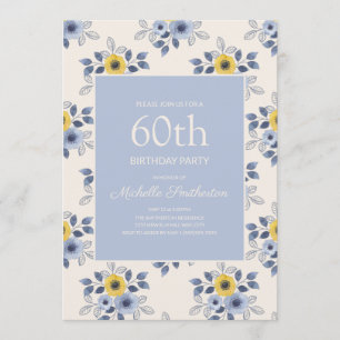 Dusty Blue Yellow Flowers White 60th Birthday Kaart