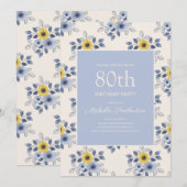 Dusty Blue Yellow Flowers White 80th Birthday Kaart (Voorkant / Achterkant)