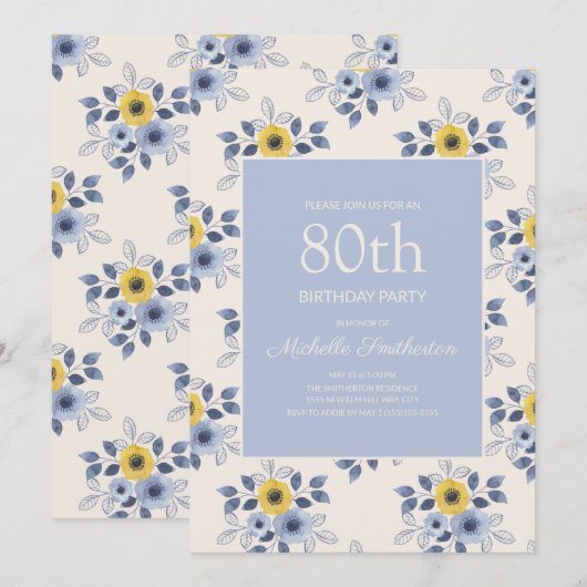 Dusty Blue Yellow Flowers White 80th Birthday Kaart (Voorkant / Achterkant)