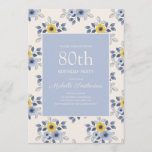 Dusty Blue Yellow Flowers White 80th Birthday Kaart<br><div class="desc">Stomme en vrouwelijke stoffige blauwe en gele bloemen op de uitnodiging van het witte 80e verjaardagsfeest voor vrouwen.</div>