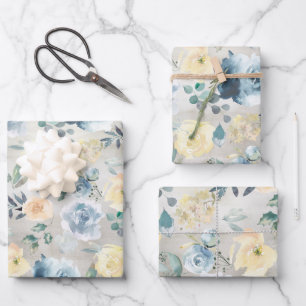 Dusty Blue & Yellow Peony Eucalyptus Floral Garden Inpakpapier Vel