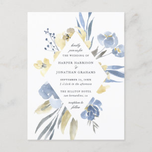 Dusty Blue & Yellow Waterverf Floral Wedding Uitnodiging Briefkaart