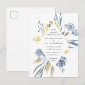 Dusty Blue & Yellow Waterverf Floral Wedding Uitnodiging Briefkaart (Voorkant / Achterkant)