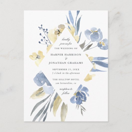Dusty Blue & Yellow Waterverf Floral Wedding Uitnodiging Briefkaart (Voorkant)
