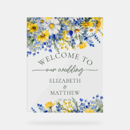 Dusty Blue & Yellow Waterverf Wildflower Welkom Acryl Bord
