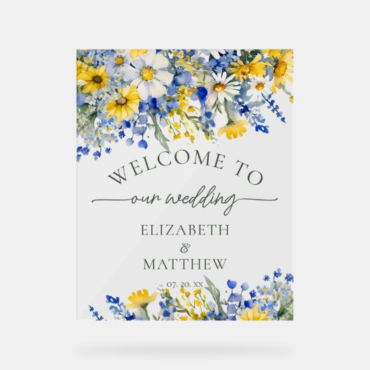 Dusty Blue & Yellow Waterverf Wildflower Welkom Acryl Bord (Voorkant)