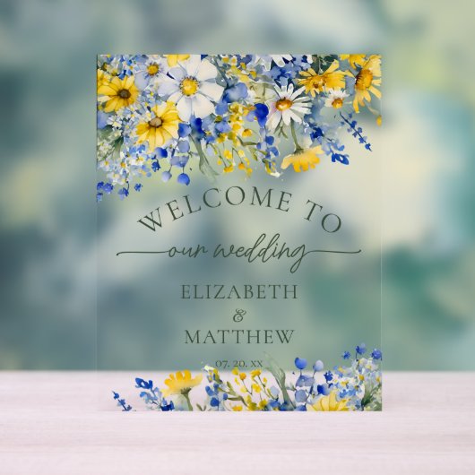 Dusty Blue & Yellow Waterverf Wildflower Welkom Acryl Bord (Neutraal)