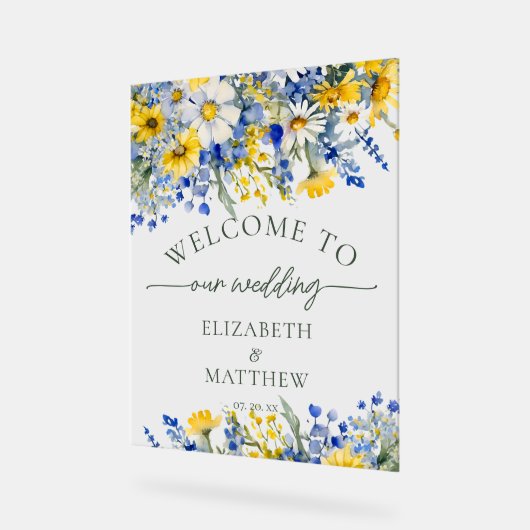 Dusty Blue & Yellow Waterverf Wildflower Welkom Acryl Bord (Hoek)