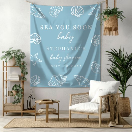 Dusty Blue Zee You Soon Beach Baby shower Achtergr Wandkleed