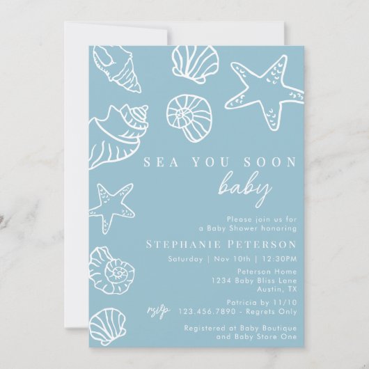 Dusty Blue Zee You Soon Coastal Beach Baby shower Kaart (Voorkant)