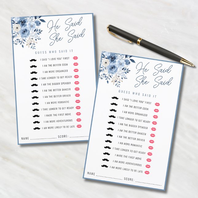 Dusty Blue zei dat ze zei dat Vrijgezellenfeest Ga (Two "He Said, She Said" bridal shower game cards with dusty blue floral design.)