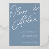 Dusty Blue | Zilveren Foil Script Weddenschap Folie Uitnodiging (Voorkant)