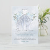 Dusty Blue Zilveren glitter Bloemen Jurk Quinceañe Kaart (Staand voorkant)