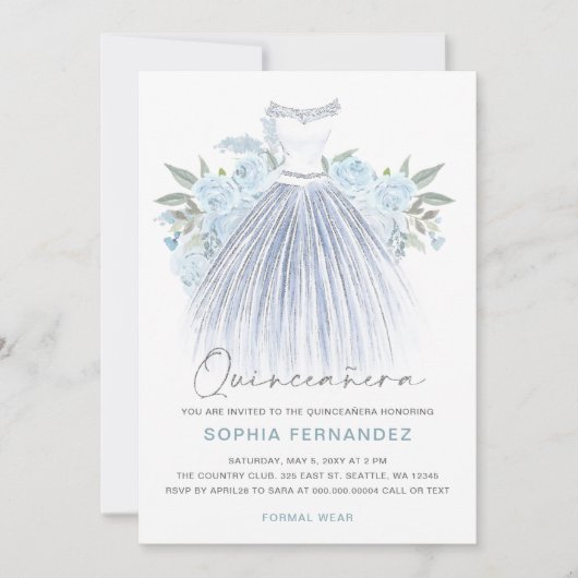 Dusty Blue Zilveren glitter Bloemen Jurk Quinceañe Kaart (Voorkant)