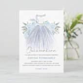 Dusty Blue Zilveren glitter Bloemen Jurk Quinceañe Kaart (Staand voorkant)