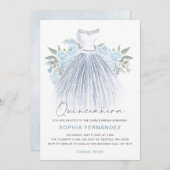 Dusty Blue Zilveren glitter Bloemen Jurk Quinceañe Kaart (Voorkant / Achterkant)
