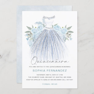 Dusty Blue Zilveren glitter Bloemen Jurk Quinceañe Kaart