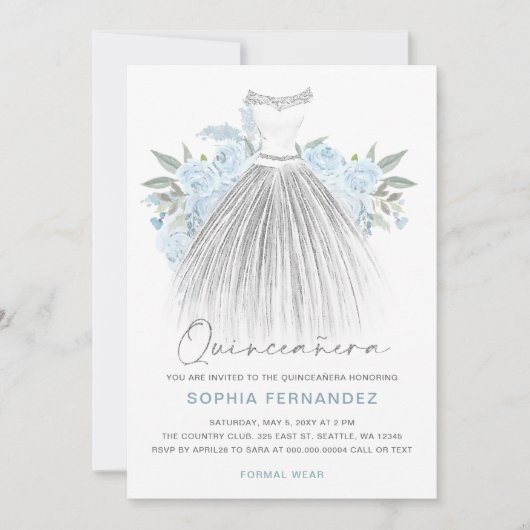 Dusty Blue Zilveren glitter Bloemen Jurk Quinceañe Kaart