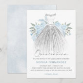 Dusty Blue Zilveren glitter Bloemen Jurk Quinceañe Kaart (Voorkant / Achterkant)