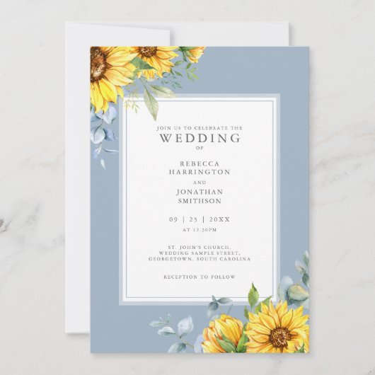 Dusty Blue Zonnebloem bruiloft uitnodiging (Voorkant)
