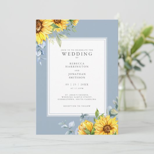 Dusty Blue Zonnebloem bruiloft uitnodiging (Staand voorkant)