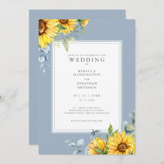 Dusty Blue Zonnebloem bruiloft uitnodiging (Voorkant / Achterkant)