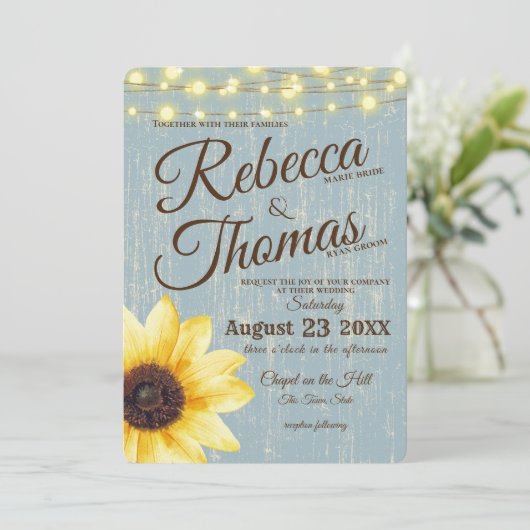 Dusty Blue Zonnebloem en Lichten Rustieke Bruiloft Kaart (Staand voorkant)