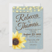 Dusty Blue Zonnebloem en Lichten Rustieke Bruiloft Kaart (Voorkant)